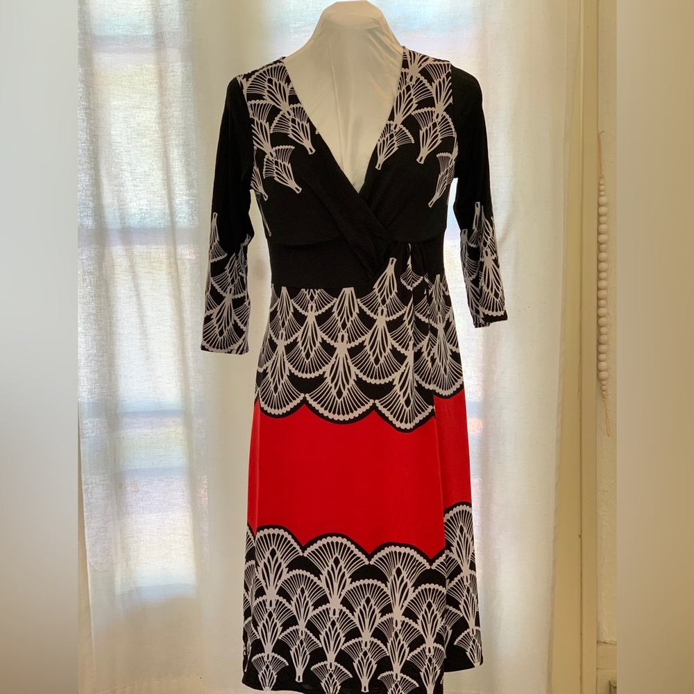 DVF red, white and black faux wrap dress